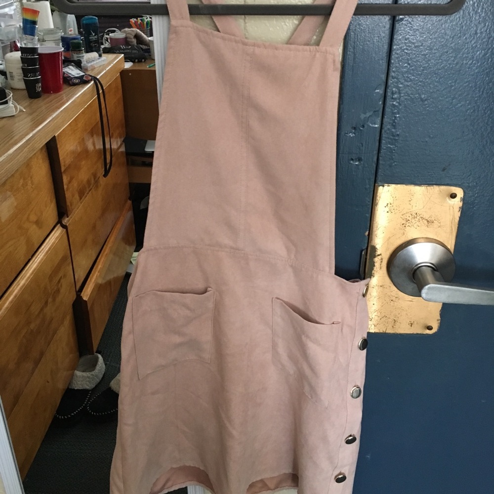 Pink Faux Suede Overall Dress with Buttons